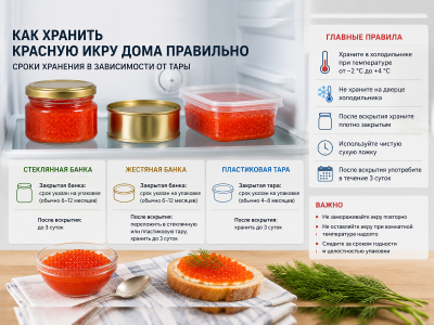 Как хранить красную икру дома правильно: сроки в стекле, жести и пластике